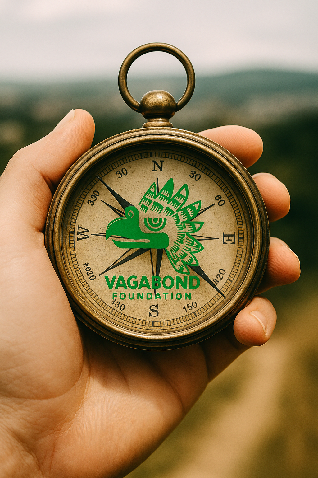 Hand met kompas met Vagebond Foundation logo